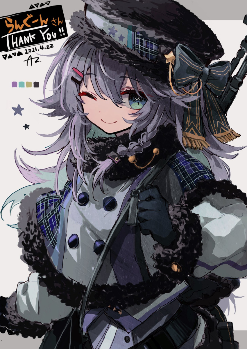 1girl aqua_eyes azzz_(7334080) black_gloves black_headwear bow braid character_request check_character dated gloves grey_hair hair_ornament hairclip hat hat_bow highres long_hair long_sleeves nijisanji nijisanji_kr nun_bora one_eye_closed second-party_source shadow solo star_(symbol) thank_you upper_body virtual_youtuber