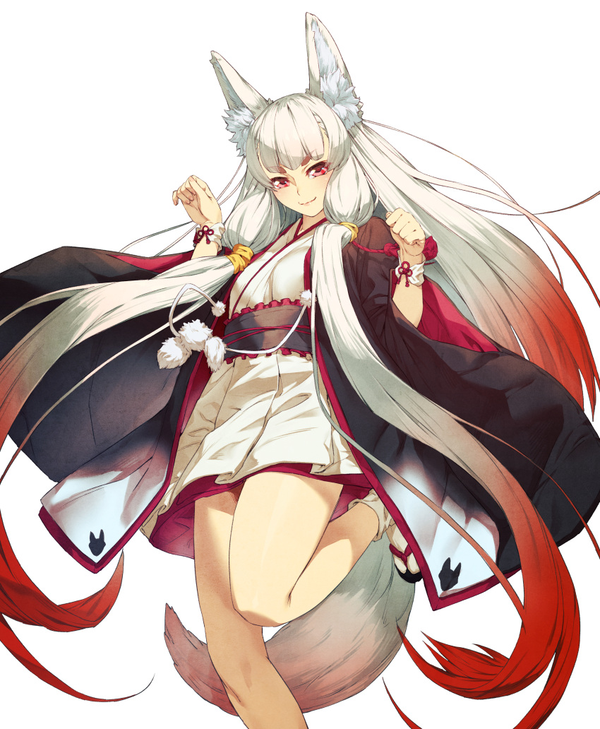 1girl absurdres animal_ears breasts cozy fox_ears fox_tail gradient_hair highres japanese_clothes leg_up long_hair looking_at_viewer multicolored_hair original red_eyes redhead sandals sash sidelocks simple_background smile solo tabi tail very_long_hair white_background white_hair white_legwear