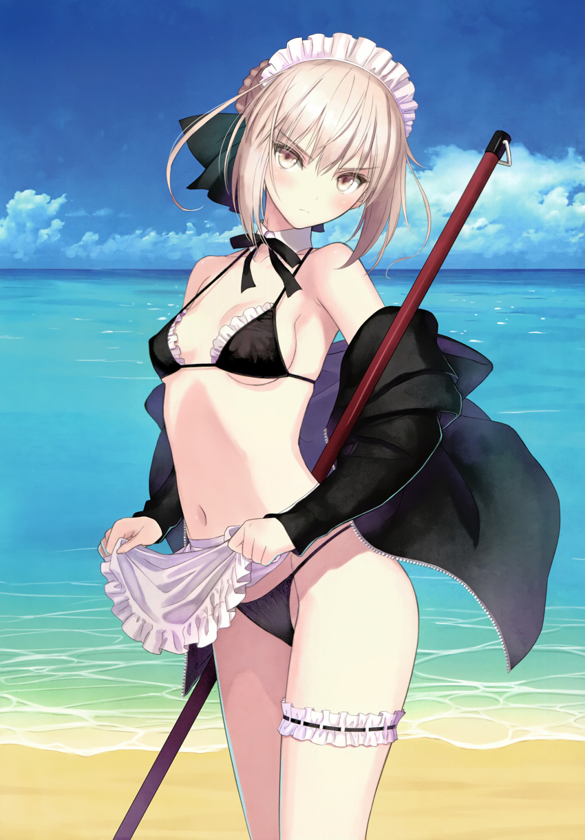 1girl absurdres apron artoria_pendragon_(all) artoria_pendragon_(swimsuit_rider_alter) bangs bare_shoulders beach bikini black_bikini black_jacket blue_sky blush bow bowtie braid breasts closed_mouth clouds cloudy_sky collarbone day eyebrows_visible_through_hair fate/grand_order fate_(series) french_braid highres jacket long_sleeves looking_at_viewer maid maid_apron maid_headdress navel ocean off_shoulder outdoors pale_skin scan serious sky small_breasts solo stomach swimsuit tanaka_takayuki thigh_strap tied_hair waist_apron water