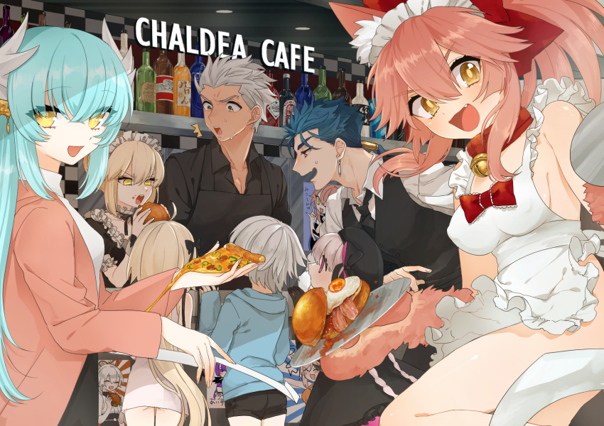 /\/\/\ 2boys 6+girls ahoge animal_ear_fluff animal_ears apron aqua_hair archer artoria_pendragon_(all) artoria_pendragon_(swimsuit_rider_alter) asymmetrical_hair bacon bangs bell bell_collar black_dress black_hat blonde_hair blue_eyebrows blue_hair blush braid breasts brown_eyes cat_hair_ornament cat_paws cleavage closed_eyes collar covered_nipples cu_chulainn_(fate/grand_order) dark_skin dark_skinned_male dragon_girl dragon_horns dress earrings eating egg eyebrows_visible_through_hair eyelashes_visible_through_hair fangs fate/grand_order fate/stay_night fate_(series) food fox_ears fox_shadow_puppet french_braid glasses gloves gothic_lolita green_hair hair_between_eyes hair_ornament hair_ribbon hamburger hat highres horns indoors jack_the_ripper_(fate/apocrypha) japanese_clothes jeanne_d'arc_(fate)_(all) jeanne_d'arc_alter_santa_lily jewelry jingle_bell kimono kiyohime_(fate/grand_order) lancer large_breasts lolita_fashion long_hair looking_at_viewer maid_headdress miyamoto_musashi_(fate/grand_order) multiple_boys multiple_girls naked_apron necktie no_bra no_panties no_underwear nursery_rhyme_(fate/extra) one_eye_closed onnanokofish open_mouth paw_gloves paws pink_eyebrows pink_hair pizza ponytail poster_(object) purple_dress purple_hair red_collar red_eyes red_ribbon ribbon sash scathach_(fate)_(all) scathach_skadi_(fate/grand_order) short_hair sideboob sidelocks silver_hair sweat tamamo_(fate)_(all) tamamo_cat_(fate) tamamo_no_mae_(fate) thighs tomoe_gozen_(fate/grand_order) twin_braids type-moon very_long_hair violet_eyes white_apron white_hair white_kimono yellow_eyes