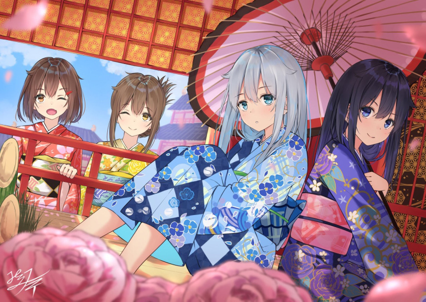 4girls ;) ;o akatsuki_(kantai_collection) alternate_costume architecture argyle argyle_kimono arms_between_legs artist_name bamboo bangs blue_eyes blue_kimono blue_sky blurry blurry_foreground blush brown_eyes brown_hair building clouds day depth_of_field dutch_angle east_asian_architecture eyebrows_visible_through_hair eyelashes fang fence floral_print flower folded_ponytail grass hair_between_eyes hair_flaps hair_ornament hairclip hibiki_(kantai_collection) holding holding_umbrella ikazuchi_(kantai_collection) inazuma_(kantai_collection) japanese_clothes kadomatsu kantai_collection kimono leg_hug long_hair long_sleeves looking_at_viewer miko_fly multicolored_umbrella multiple_girls obi one_eye_closed open_mouth orange_kimono oriental_umbrella outdoors petals pink_flower pink_petals pink_rose pink_umbrella print_kimono purple_hair purple_kimono rose rose_petals rose_print sash shadow short_hair sidelocks signature silver_hair sitting sky smile umbrella v-shaped_eyebrows violet_eyes wide_sleeves wooden_floor yellow_kimono