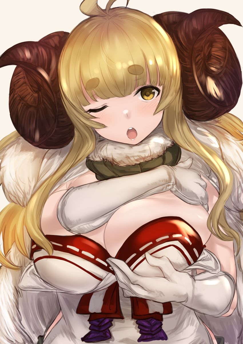 1girl absurdres adjusting_clothes ahoge anila_(granblue_fantasy) bangs blonde_hair blunt_bangs breasts draph dress eyebrows fur_trim gloves granblue_fantasy highres horns large_breasts long_hair looking_at_viewer maou_(maoudaisukiya) one_eye_closed sheep_horns short_eyebrows strapless strapless_dress thick_eyebrows upper_body wavy_hair white_gloves yellow_eyes