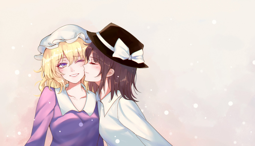 2girls blonde_hair brown_hair cheek_kiss closed_eyes fedora hat highres kiss maribel_hearn mob_cap multiple_girls one_eye_closed short_hair shuiwuyue_lian smile touhou upper_body usami_renko violet_eyes yuri