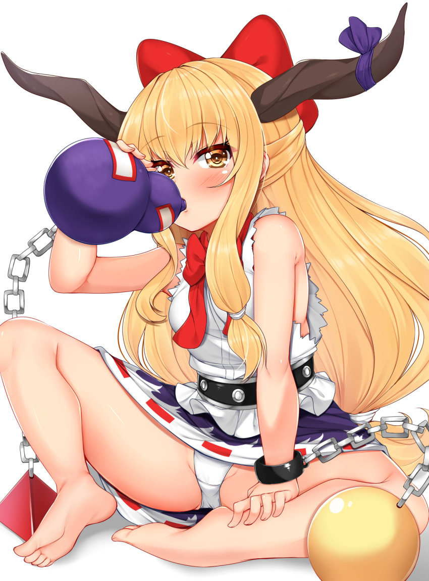 1girl arm_support bangs bare_arms bare_legs bare_shoulders barefoot belt black_belt blonde_hair blush bow chains commentary_request cuffs drinking eyebrows_visible_through_hair gourd hair_between_eyes hair_bow hair_tie hand_up highres holding horn_ribbon horns ibuki_suika long_hair looking_at_viewer miniskirt oni oni_horns panties pantyshot pantyshot_(sitting) purple_ribbon purple_skirt red_bow ribbon shackles shadow shirt sidelocks simple_background sitting skirt sleeveless sleeveless_shirt solo sphere spread_legs thighs tokoya_(ex-hetare) touhou underwear very_long_hair white_background white_panties white_shirt yellow_eyes