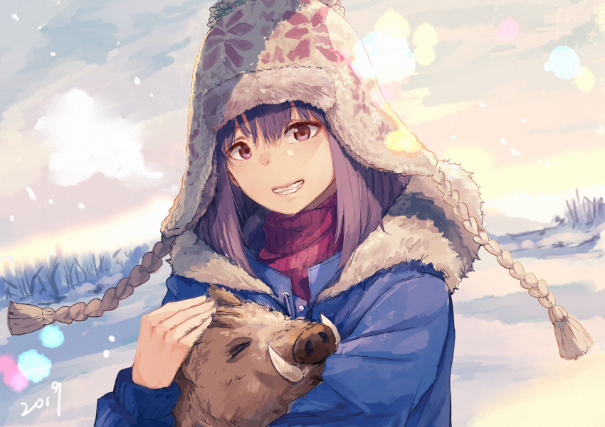 1girl 2019 absurdres akira_(mr_akira) animal blue_coat boar brown_eyes chinese_zodiac clouds cloudy_sky coat day floral_print fur-trimmed_coat fur_trim grey_hat hat highres holding holding_animal huge_filesize original outdoors print_hat purple_hair red_sweater ribbed_sweater short_hair sky solo sweater turtleneck turtleneck_sweater upper_body winter year_of_the_pig
