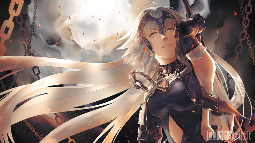 1girl arm_behind_head armpits breasts chains clouds commentary english_commentary fate/grand_order fate_(series) from_below highres jeanne_d'arc_(alter)_(fate) jeanne_d'arc_(fate)_(all) jessica_claire_dihiansan large_breasts long_hair silver_hair sunlight very_long_hair