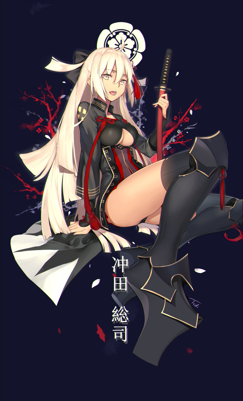 1girl absurdres ahoge arm_guards black_bow black_coat black_legwear bow breasts cleavage_cutout dark_skin fate/grand_order fate_(series) hair_between_eyes high_collar highres holding holding_sword holding_weapon katana long_hair okita_souji_(alter)_(fate) okita_souji_(fate)_(all) open_mouth signature sitting sword tassel thigh-highs tied_hair virtu.al weapon white_hair