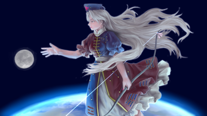 1girl arm_at_side arm_up bow_(weapon) commentary_request constellation dress earth expressionless from_side grey_eyes hair_blowing hat highres holding holding_bow_(weapon) holding_weapon kawahagi_modoki layered_dress lips long_hair looking_to_the_side moon nurse_cap open_clothes open_dress profile puffy_short_sleeves puffy_sleeves reaching short_sleeves silver_hair solo space touhou trigram two-tone_dress very_long_hair weapon wind wind_lift yagokoro_eirin
