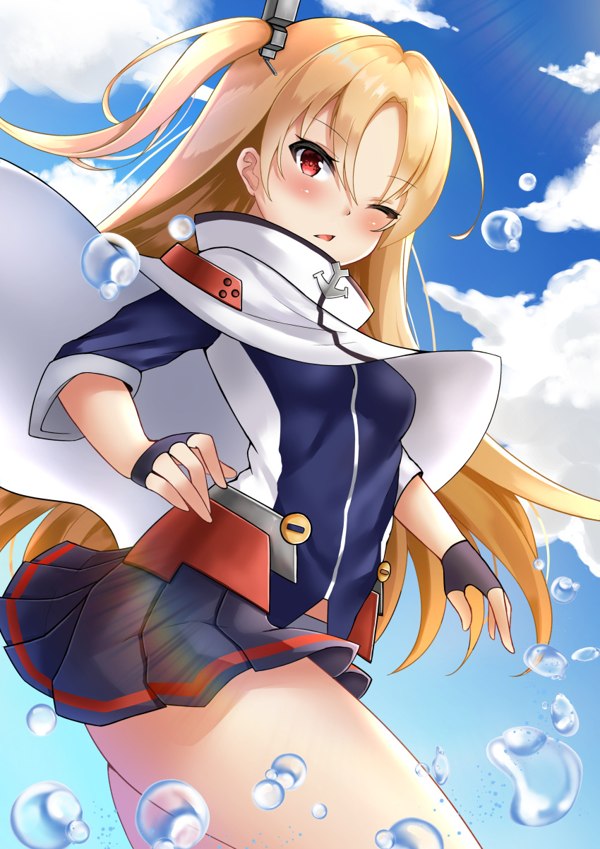 1girl absurdres azur_lane blonde_hair blue_sky blush capelet cleveland_(azur_lane) clouds commentary eyebrows_visible_through_hair fingerless_gloves gloves highres long_hair looking_at_viewer nyanyang one_eye_closed one_side_up open_mouth pleated_skirt red_eyes skirt sky solo thighs water_drop