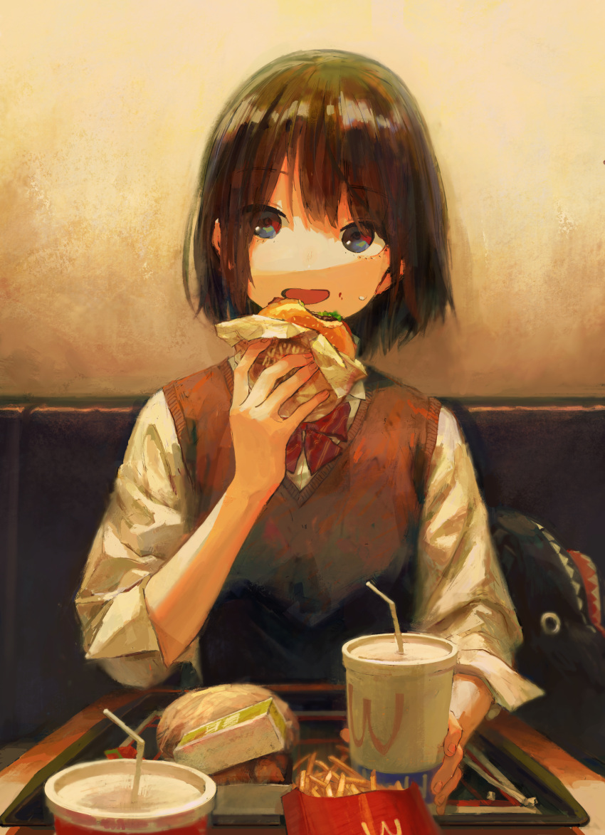 1girl :d absurdres bangs bendy_straw black_hair blue_eyes bow collared_shirt commentary_request couch cup disposable_cup drinking_straw eyebrows_visible_through_hair fast_food fingernails food food_on_face french_fries hamburger highres holding holding_cup holding_food huge_filesize long_sleeves looking_at_viewer mcdonald's on_couch open_mouth original red_bow school_uniform shirt sitting smile solo sweat sweater_vest tentsuu_(tentwo) tray white_shirt