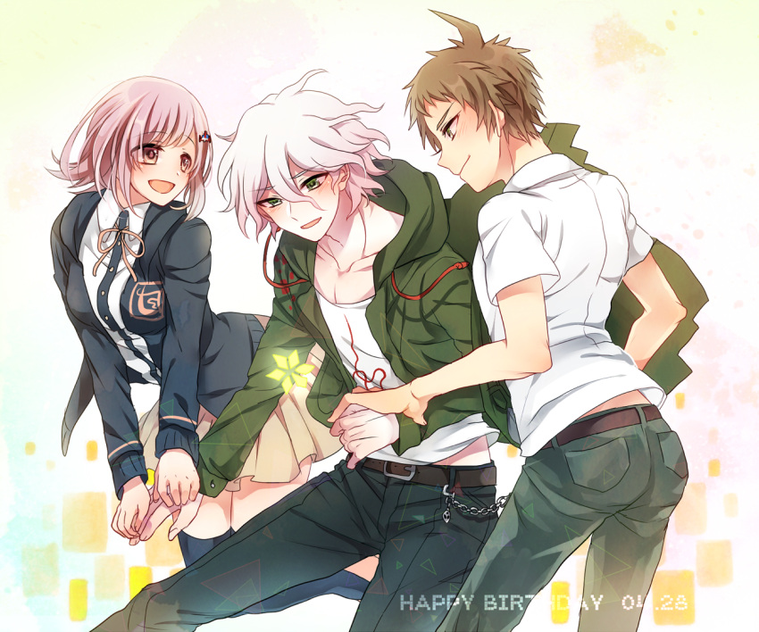 1girl 2boys ahoge beige_skirt belt black_belt black_jacket black_legwear blush breasts brown_belt brown_eyes brown_hair brown_neckwear chains collarbone commentary_request dangan_ronpa eyebrows_visible_through_hair feet_out_of_frame flipped_hair green_eyes green_jacket green_neckwear grey_legwear hair_between_eyes hair_ornament hairclip hand_grab happy happy_birthday hinata_hajime hood hoodie jacket komaeda_nagito large_breasts looking_at_another messy_hair miyuzu multiple_boys nanami_chiaki necktie pink_eyes pink_hair shirt short_hair skirt smile super_dangan_ronpa_2 thigh-highs white_hair white_shirt