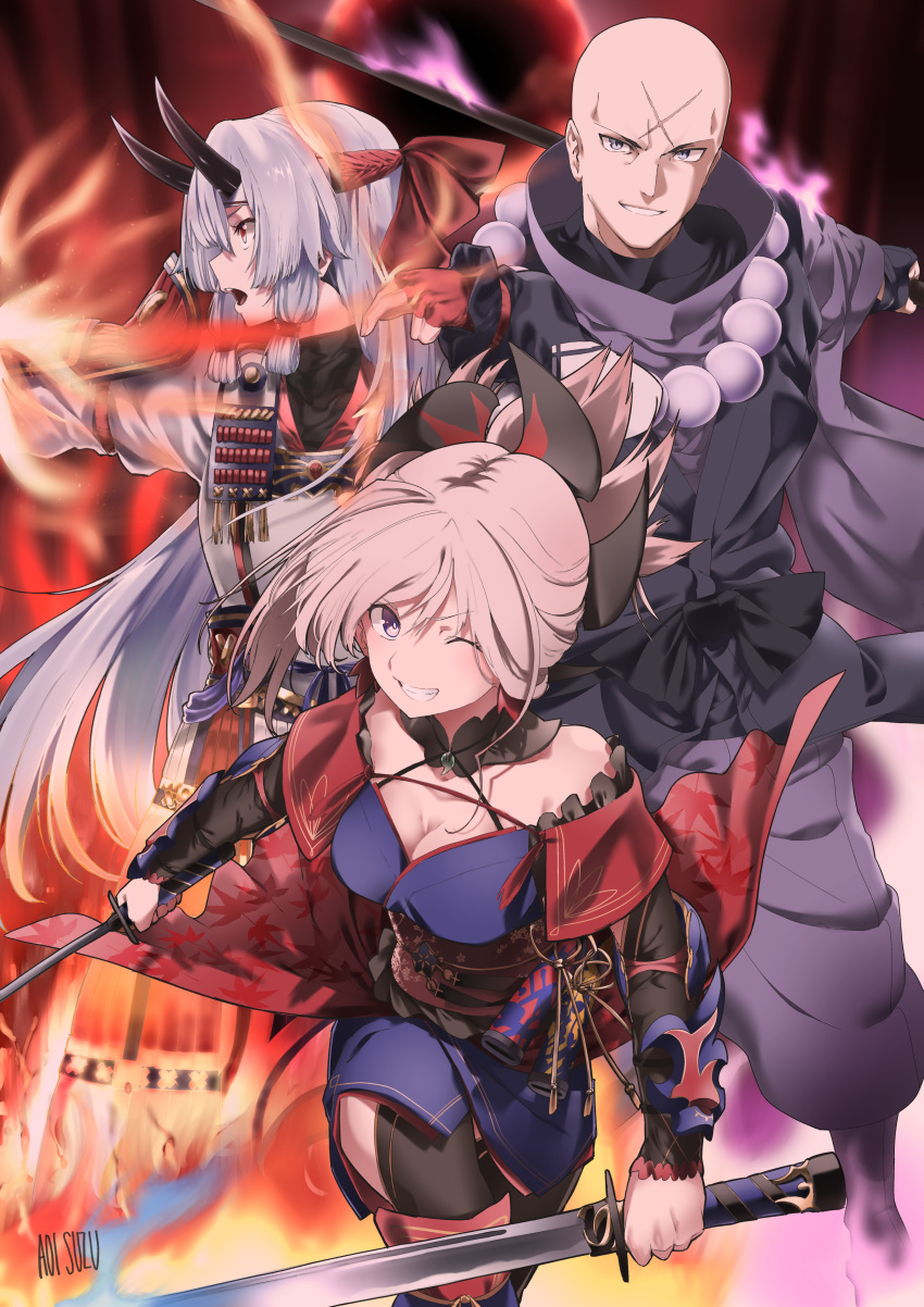 1boy 2girls absurdres aoi_suzu armor artist_name bald beads blonde_hair blue_eyes dual_wielding fate/grand_order fate_(series) grey_hair headband highres holding holding_sword holding_weapon japanese_armor japanese_clothes kote kusazuri long_hair miyamoto_musashi_(fate/grand_order) multiple_girls oni_horns prayer_beads red_eyes sash silver_hair sword thigh-highs tomoe_gozen_(fate/grand_order) very_long_hair weapon