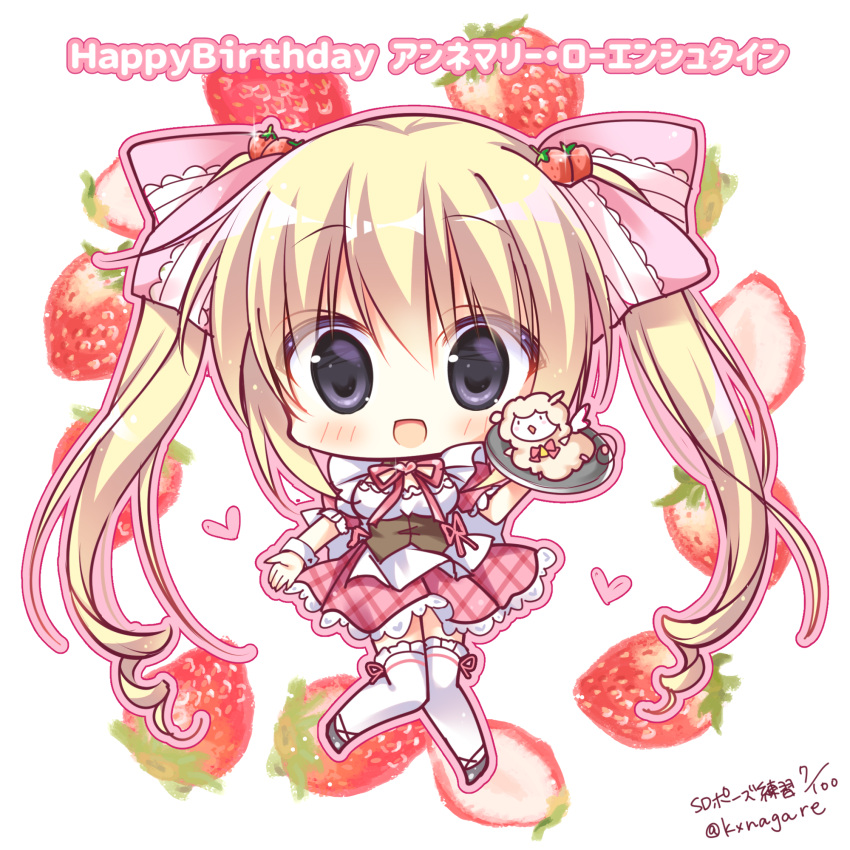 1girl :d bangs blonde_hair blush bow breasts character_name chibi commentary_request copyright_request eyebrows_visible_through_hair food food_themed_hair_ornament frilled_legwear fruit full_body grey_eyes grey_footwear hair_between_eyes hair_bow hair_ornament happy_birthday heart highres holding holding_tray long_hair looking_at_viewer maid medium_breasts open_mouth outline pink_bow pink_outline pink_skirt plaid plaid_skirt pleated_skirt puffy_short_sleeves puffy_sleeves red_ribbon ribbon ryuuka_sane shirt shoes short_sleeves signature skirt smile solo strawberry strawberry_hair_ornament thigh-highs tray twintails twitter_username very_long_hair white_background white_legwear white_shirt wrist_cuffs