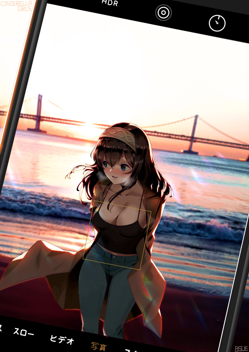 1girl :d absurdres black_hair black_shirt blue_eyes blue_pants blush breasts brown_coat bsue cellphone cellphone_camera cleavage coat collarbone commentary_request copyright_name hairband highres idolmaster idolmaster_cinderella_girls idolmaster_cinderella_girls_starlight_stage large_breasts long_hair navel ocean open_clothes open_coat open_mouth pants phone sagisawa_fumika shirt smartphone smile solo spaghetti_strap suspension_bridge viewfinder