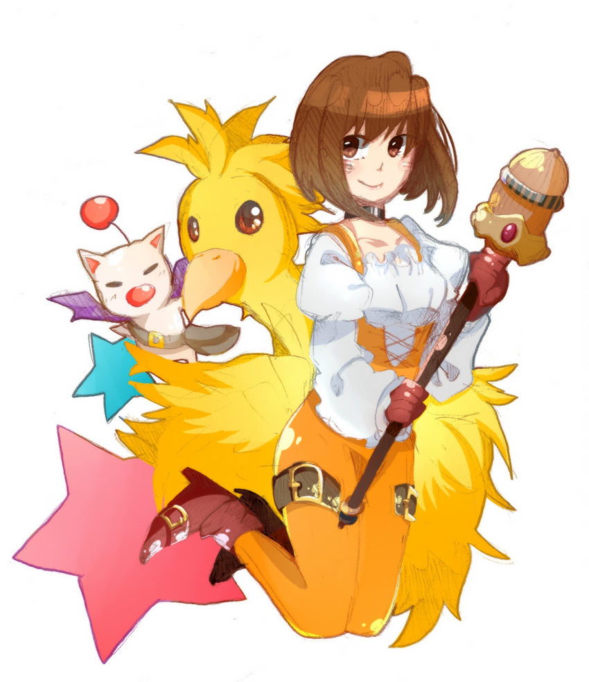 1girl blush bodysuit breasts brown_eyes brown_hair chocobo choker commentary_request final_fantasy final_fantasy_ix garnet_til_alexandros_xvii gloves highres moogle orange_bodysuit short_hair smile solo staff weapon