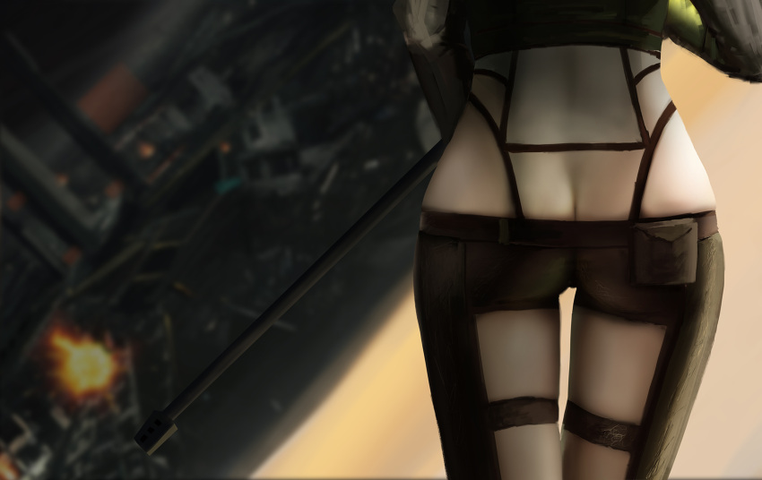 anti-materiel_rifle asada_shino ass blurry blurry_background butt_crack from_behind gun head_out_of_frame highres holding holding_weapon pgm_hecate_ii rifle sinon sniper_rifle sword_art_online weapon ydiya