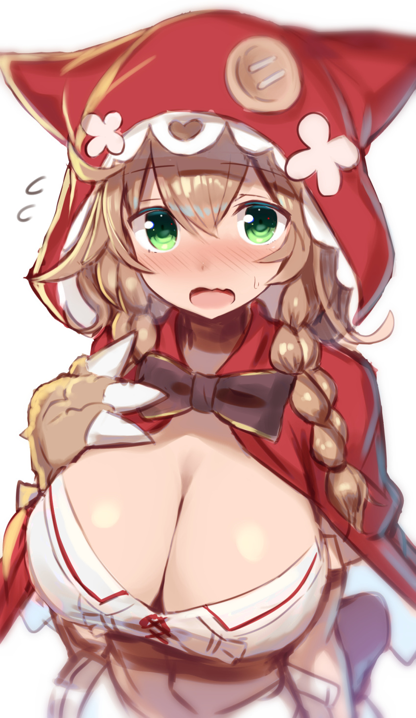 1girl bangs black_bow blurry blush bow breasts brown_hair buttons cleavage commentary depth_of_field from_above gloves greatmosu green_eyes hair_between_eyes highres huge_breasts long_hair looking_at_viewer low_twin_braids nijisanji open_mouth oversized_object paw_gloves paws red_hood solo sweatdrop upper_body virtual_youtuber warabeda_meijii wavy_mouth