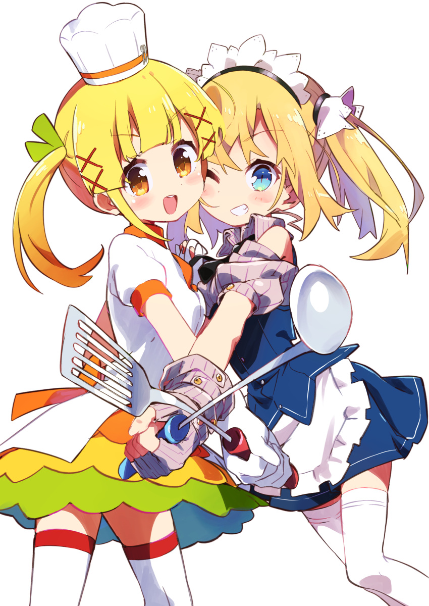 2girls :d absurdres amaryllis_class apron bare_shoulders blonde_hair blue_eyes blue_skirt blush blush_stickers brown_eyes chef_hat collared_shirt commentary_request cookpad cookpad-tan crossover fingerless_gloves frilled_apron frills gloves green_ribbon grey_gloves grey_shirt grin hair_between_eyes hair_ornament hat highres holding kotohara_hinari ladle long_hair multiple_girls one_eye_closed open_mouth pleated_skirt puffy_short_sleeves puffy_sleeves ribbed_gloves ribbed_shirt ribbon shirt short_sleeves simple_background skirt smile spatula tama_(tama-s) thigh-highs twintails virtual_youtuber waist_apron white_apron white_background white_hat white_legwear white_shirt x_hair_ornament