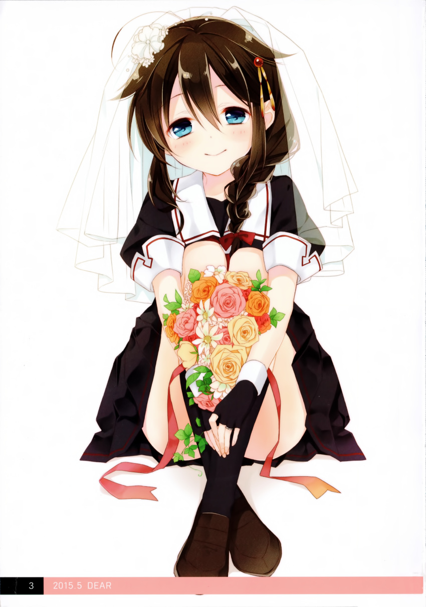 1girl absurdres ahoge black_hair blue_eyes bouquet braid bridal_veil convenient_leg fingerless_gloves flower gloves hair_flaps hair_ornament hair_over_shoulder highres jewelry kantai_collection kneehighs long_hair looking_at_viewer naoto_(tulip) pleated_skirt remodel_(kantai_collection) ring scan school_uniform serafuku shigure_(kantai_collection) shoes single_braid sitting skirt smile solo veil wedding_band