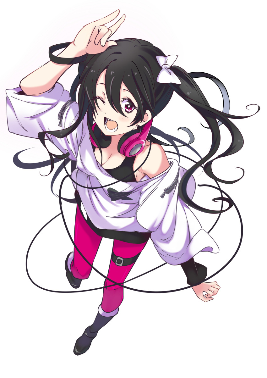 1girl absurdres arm_up black_footwear black_hair boots bow breasts bunbun_(midukikome) cleavage floating_hair full_body hair_between_eyes hair_bow headphones headphones_around_neck highres long_hair long_sleeves love_live! medium_breasts off-shoulder_shirt off_shoulder one_eye_closed open_mouth pants red_eyes red_pants shirt side_ponytail simple_background solo standing white_background white_bow white_shirt yazawa_nico