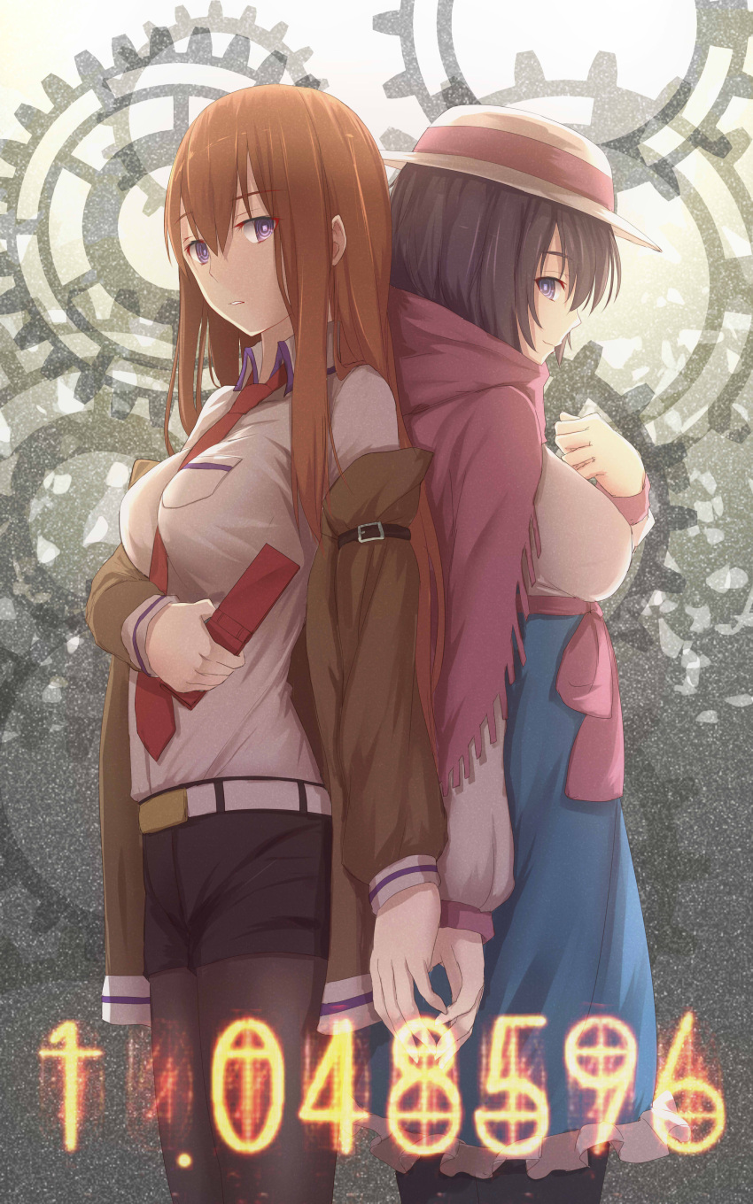 2girls absurdres back-to-back bakanoe bangs belt black_hair blue_skirt breasts brown_hair cellphone collared_shirt commentary_request dress_shirt gears hair_between_eyes highres jacket labcoat large_breasts legwear_under_shorts long_hair looking_at_viewer looking_to_the_side makise_kurisu multiple_girls necktie off_shoulder pantyhose parted_lips phone purple_shawl red_neckwear sash shiina_mayuri shirt shorts skirt smile steins;gate violet_eyes