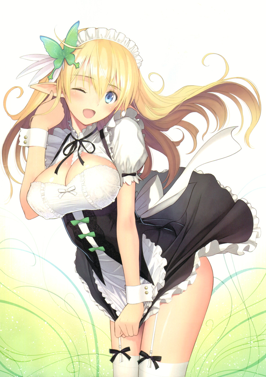 1girl ;d absurdres bangs blonde_hair blue_eyes blush bow bowtie breasts butterfly_hair_ornament cleavage cleavage_cutout dress elf eyebrows_visible_through_hair feathers garter_straps gradient gradient_background hair_ornament hand_up highres holding_skirt large_breasts long_hair looking_at_viewer maid maid_headdress one_eye_closed open_mouth original pointy_ears puffy_short_sleeves puffy_sleeves ribbon ribbon_trim scan shiny shiny_hair shiny_skin short_dress short_sleeves simple_background smile solo tanaka_takayuki thigh-highs thighs white_legwear wrist_cuffs zettai_ryouiki