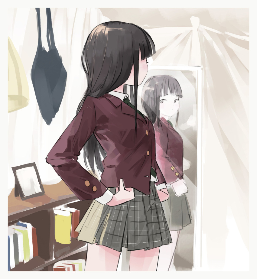 1girl bangs black_eyes black_hair blazer blunt_bangs border breasts cowboy_shot highres indoors jacket long_hair looking_away nadegata original plaid plaid_skirt pleated_skirt reflection sidelocks sketch skirt small_breasts solo