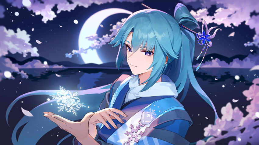 1boy :| ainy androgynous arm_up bangs blue_eyes blue_hair blue_kimono cherry_blossoms closed_mouth commentary_request crescent_moon detached_sleeves expressionless eyebrows_visible_through_hair eyelashes fingernails hair_ornament hair_stick japanese_clothes kimono long_hair long_sleeves looking_at_viewer moon night original petals reflection shiny shiny_hair sidelocks snowflake_print snowflakes solo standing tied_hair upper_body virtual_youtuber water wide_sleeves