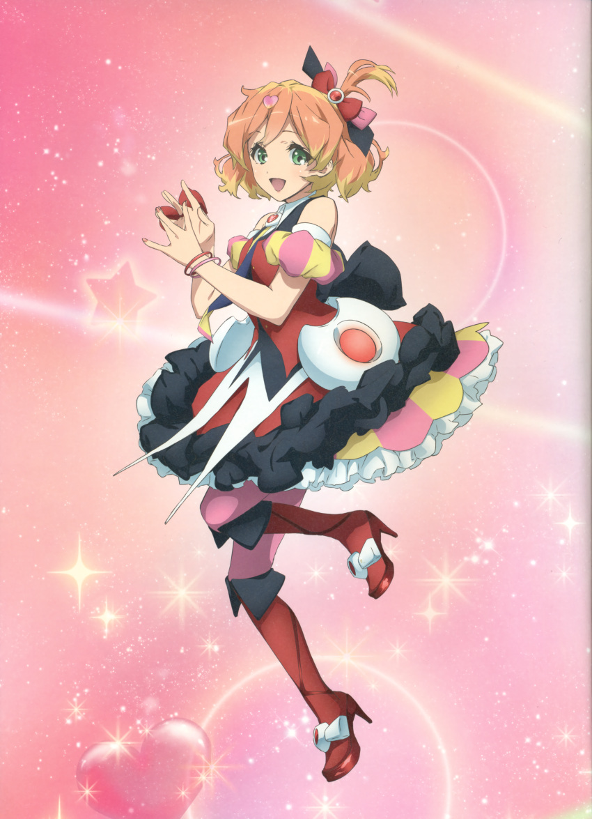 1girl :d absurdres arm_strap blonde_hair boots bow bracelet brown_hair freyja_wion frilled_skirt frills full_body green_eyes hair_bow hair_ornament heart heart_hair_ornament high_heel_boots high_heels highres jewelry knee_boots layered_skirt leg_up looking_at_viewer macross macross_delta majiro_(mazurka) multicolored_hair nail_polish one_side_up open_mouth pantyhose pink_legwear pink_nails red_bow red_footwear scan shiny shiny_hair short_hair skirt smile solo standing standing_on_one_leg striped striped_skirt two-tone_hair