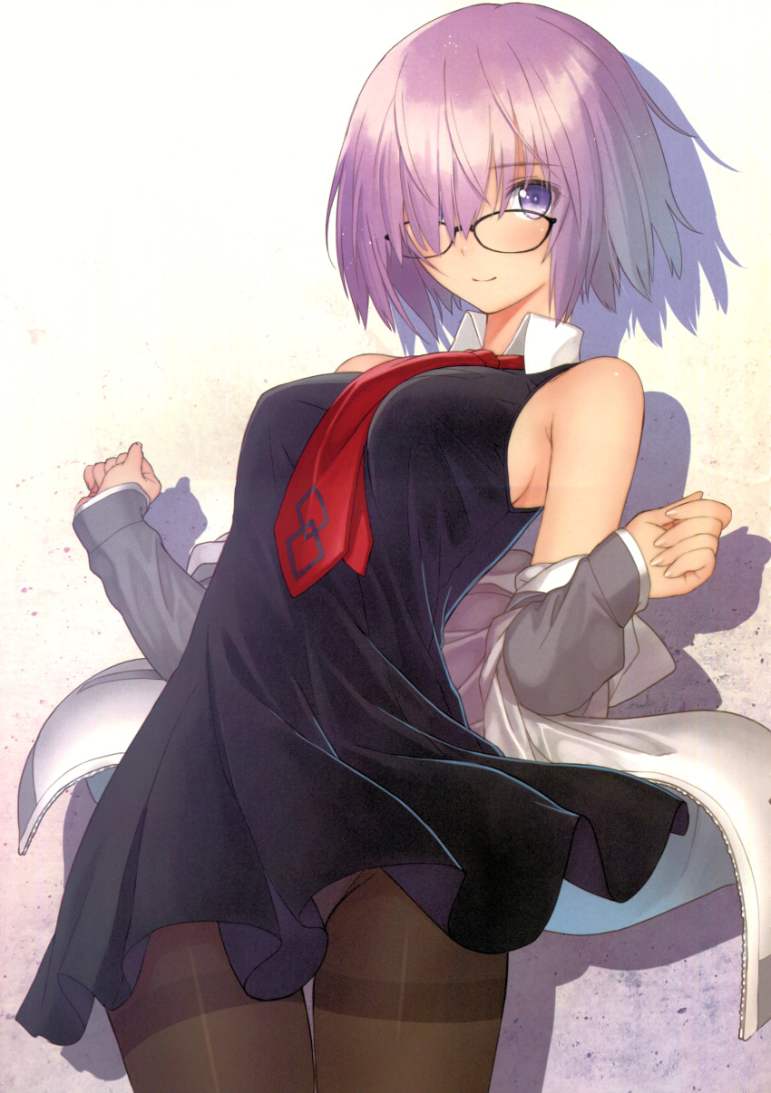 1girl absurdres bangs bare_shoulders black-framed_eyewear blush breasts closed_mouth cowboy_shot dress fate/grand_order fate_(series) fingernails glasses hair_over_one_eye highres jacket looking_at_viewer mash_kyrielight medium_breasts necktie off_shoulder open_clothes open_jacket panties panties_under_pantyhose pantyhose pink_hair red_neckwear scan shadow shiny shiny_skin short_dress short_hair simple_background sleeveless sleeveless_dress smile solo standing tanaka_takayuki underwear violet_eyes
