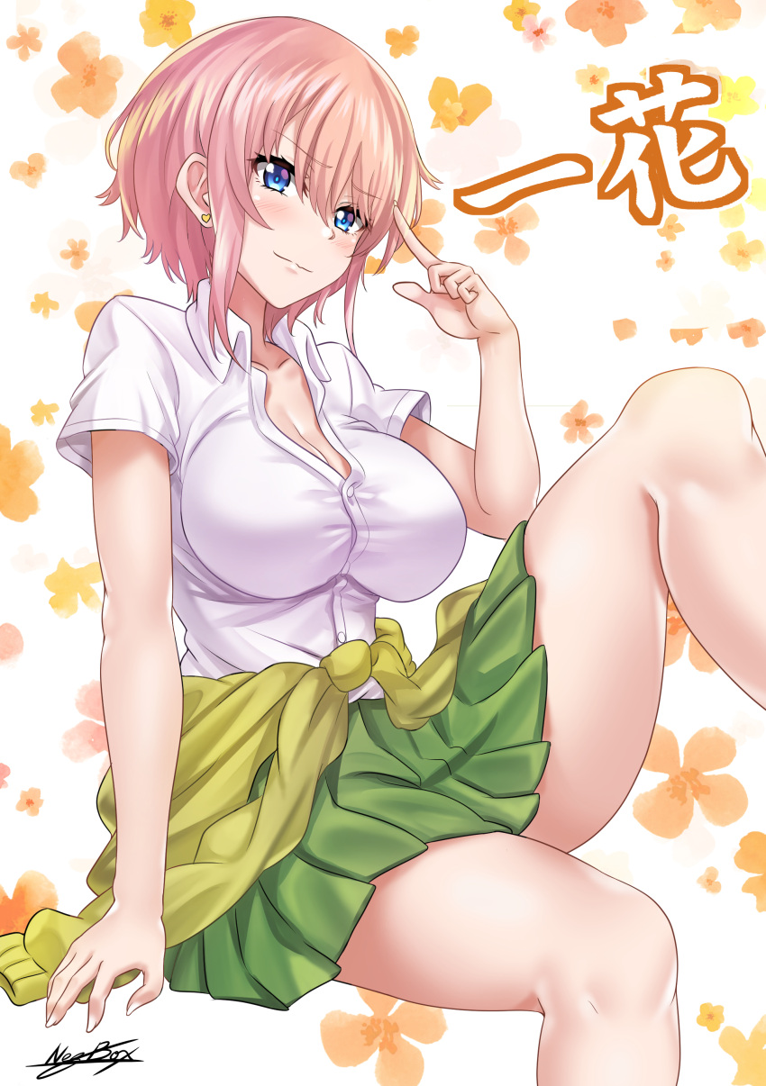 1girl absurdres arm_at_side artist_name bare_legs blue_eyes blush breasts cleavage closed_mouth clothes_around_waist collared_shirt dress_shirt earrings eyebrows_visible_through_hair feet_out_of_frame floral_background go-toubun_no_hanayome green_skirt hand_up heart heart_earrings highres index_finger_raised jewelry knee_up large_breasts looking_at_viewer miniskirt nakano_ichika nez-kun pink_eyes pleated_skirt shirt short_hair short_sleeves sitting skirt smile solo stud_earrings v-shaped_eyebrows white_background white_shirt wing_collar