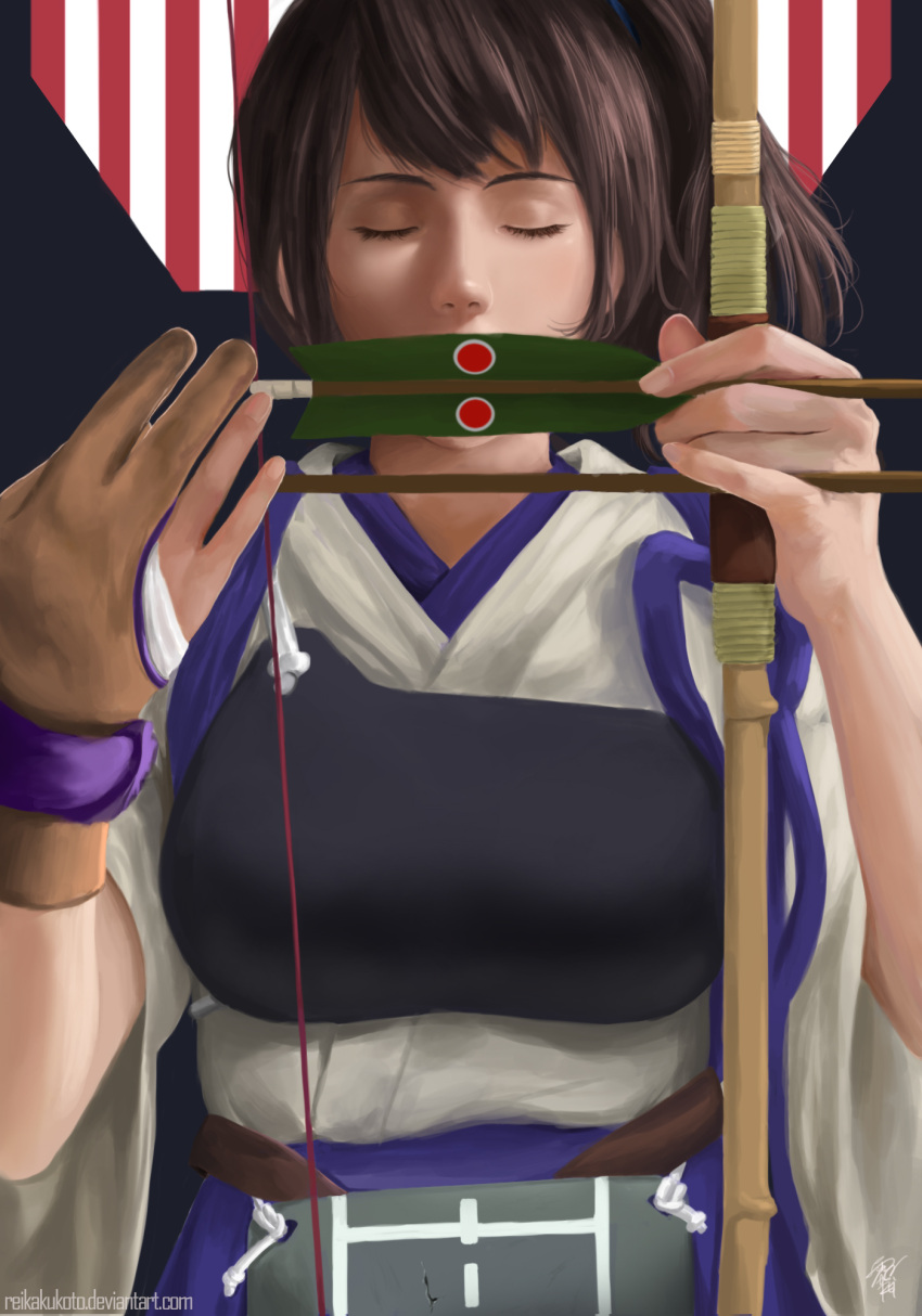 1girl apron archery arrow bangs bow_(weapon) brown_hair closed_eyes commentary english_commentary gloves hakama hakama_skirt highres holding holding_bow_(weapon) holding_weapon japanese_clothes kaga_(kantai_collection) kantai_collection long_hair muneate partly_fingerless_gloves reikakukoto side_ponytail single_glove tasuki weapon yugake yumi_(bow)