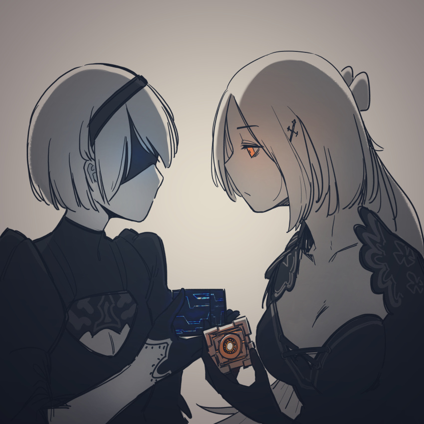 2girls absurdres android black_dress blindfold breasts cleavage core crossover dress girls_frontline hairband highres huqu looking_at_another multiple_girls nier_(series) nier_automata steyr_aug_(girls_frontline) white_hair yellow_eyes yorha_no._2_type_b