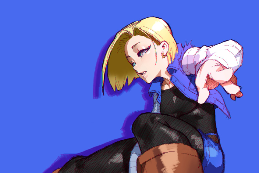 1girl android_18 asymmetrical_hair black_legwear blonde_hair blue_background blue_eyes boots breasts denim denim_shorts dragon_ball dragonball_z eyelashes highres jankojaro knee_boots lips looking_at_viewer pantyhose parted_lips pointing pointing_at_viewer short_hair shorts small_breasts solo vest