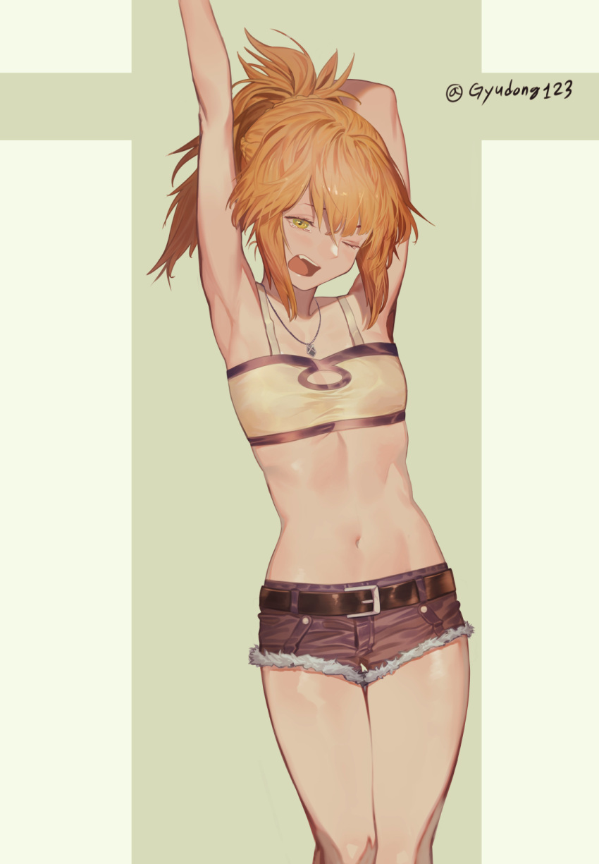 1girl armpits arms_up belt denim denim_shorts fate/apocrypha fate_(series) green_background green_eyes gyudong123 highres jewelry midriff mordred_(fate) mordred_(fate)_(all) navel necklace one_eye_closed open_mouth orange_hair ponytail short_hair shorts solo standing tears twitter_username yawning