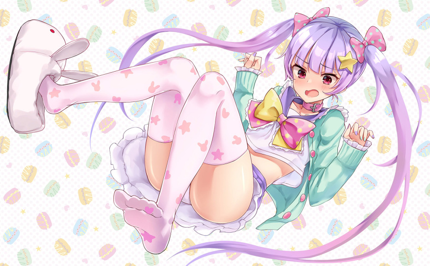 1girl :o ajax_(azur_lane) animal_print animal_slippers aqua_cardigan aqua_nails ass azur_lane bangs blush bow bowtie bunny_print bunny_slippers buttons cardigan crop_top crop_top_overhang embarrassed eyebrows_visible_through_hair feet hair_bow hair_ornament hands_up long_hair long_sleeves looking_at_viewer macaron_background midriff miniskirt multicolored multicolored_nails nail_polish open_mouth oshishio panties pink_bow polka_dot polka_dot_bow purple_hair purple_nails purple_sailor_collar purple_skirt red_eyes sailor_collar school_uniform shirt sidelocks skirt sleeves_past_wrists slippers solo star star_hair_ornament star_print thigh-highs twintails underwear very_long_hair white_footwear white_legwear white_panties white_shirt