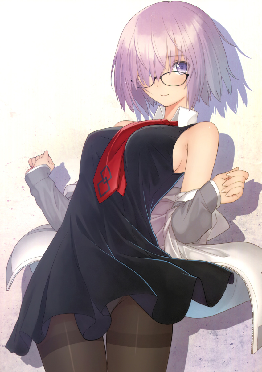 1girl absurdres bangs bare_shoulders black-framed_eyewear blush breasts closed_mouth cowboy_shot dress fate/grand_order fate_(series) fingernails glasses hair_over_one_eye highres jacket looking_at_viewer mash_kyrielight medium_breasts necktie off_shoulder open_clothes open_jacket panties panties_under_pantyhose pantyhose pink_hair red_neckwear scan shadow shiny shiny_skin short_dress short_hair simple_background sleeveless sleeveless_dress smile solo standing tanaka_takayuki underwear violet_eyes