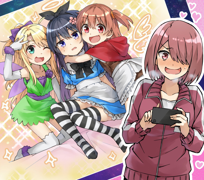 4girls blush bow bowtie cellphone cosplay elbow_gloves female_pervert gloves hair_bow hair_ornament hair_over_one_eye halo happy heart heavy_breathing highres himesaka_noa hoshino_hinata hoshino_miyako_(wataten) hug jacket multiple_girls one_eye_closed open_mouth pervert phone red_hood shirosaki_hana smartphone smile somechime_(sometime1209) striped striped_legwear sweatdrop taking_picture thigh-highs v watashi_ni_tenshi_ga_maiorita!