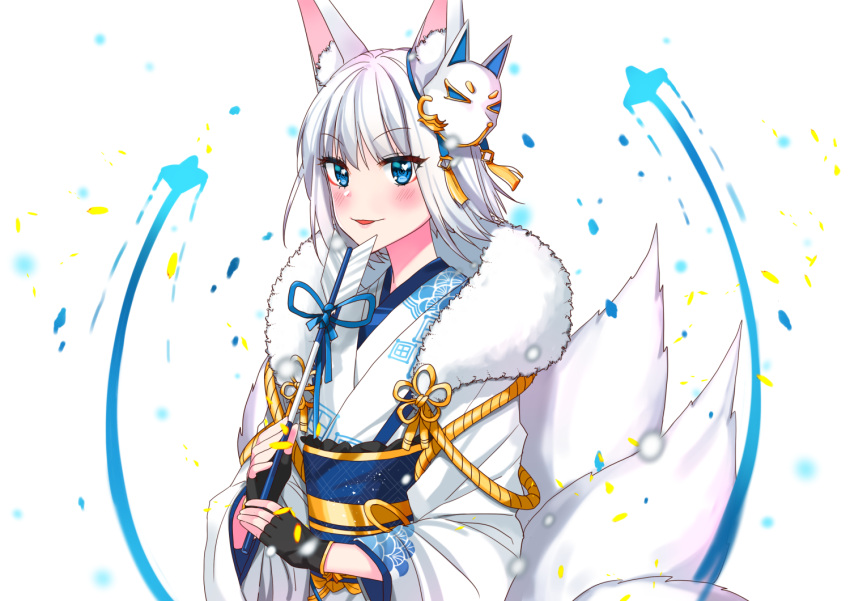 1girl animal_ears arrow azur_lane bangs blue_eyes blunt_bangs eyeliner eyeshadow fingerless_gloves fox_ears fox_girl fox_mask fox_tail fur_trim gloves grey_hair hamaya japanese_clothes kaga_(azur_lane) kimono kitsune ma9 makeup mask mask_on_head multiple_tails solo tail white_hair white_kimono wide_sleeves