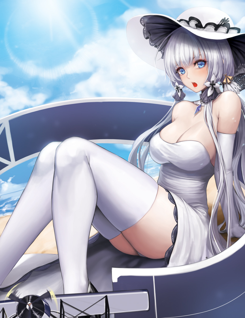 1girl absurdres azur_lane blue_eyes blush breasts cleavage dress elbow_gloves gloves hat highres illustrious_(azur_lane) kibellin looking_at_viewer low_twintails mole mole_under_eye open_mouth solo sun_hat thigh-highs twintails white_dress white_gloves white_hair white_hat white_legwear