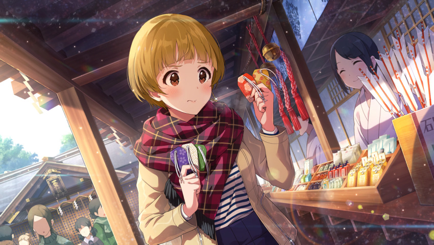 blush brown_eyes brown_hair fukuda_noriko idolmaster idolmaster_million_live! idolmaster_million_live!_theater_days jacket scarf short_hair smile