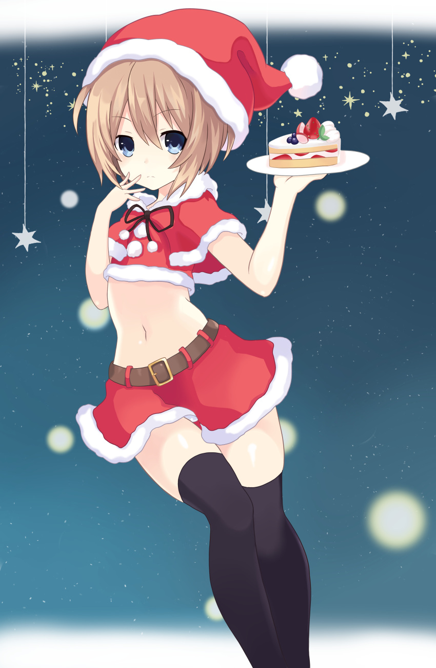 1girl absurdres black_legwear blanc blue_eyes brown_hair cake capelet christmas crop_top eyebrows_visible_through_hair food fur_trim hair_between_eyes hand_on_own_face hat highres holding holding_plate light_frown looking_at_viewer midriff navel neptune_(series) plate ramu-on@_shinon red_capelet red_skirt santa_costume santa_hat short_hair skirt sky solo star_(sky) starry_sky thigh-highs zettai_ryouiki