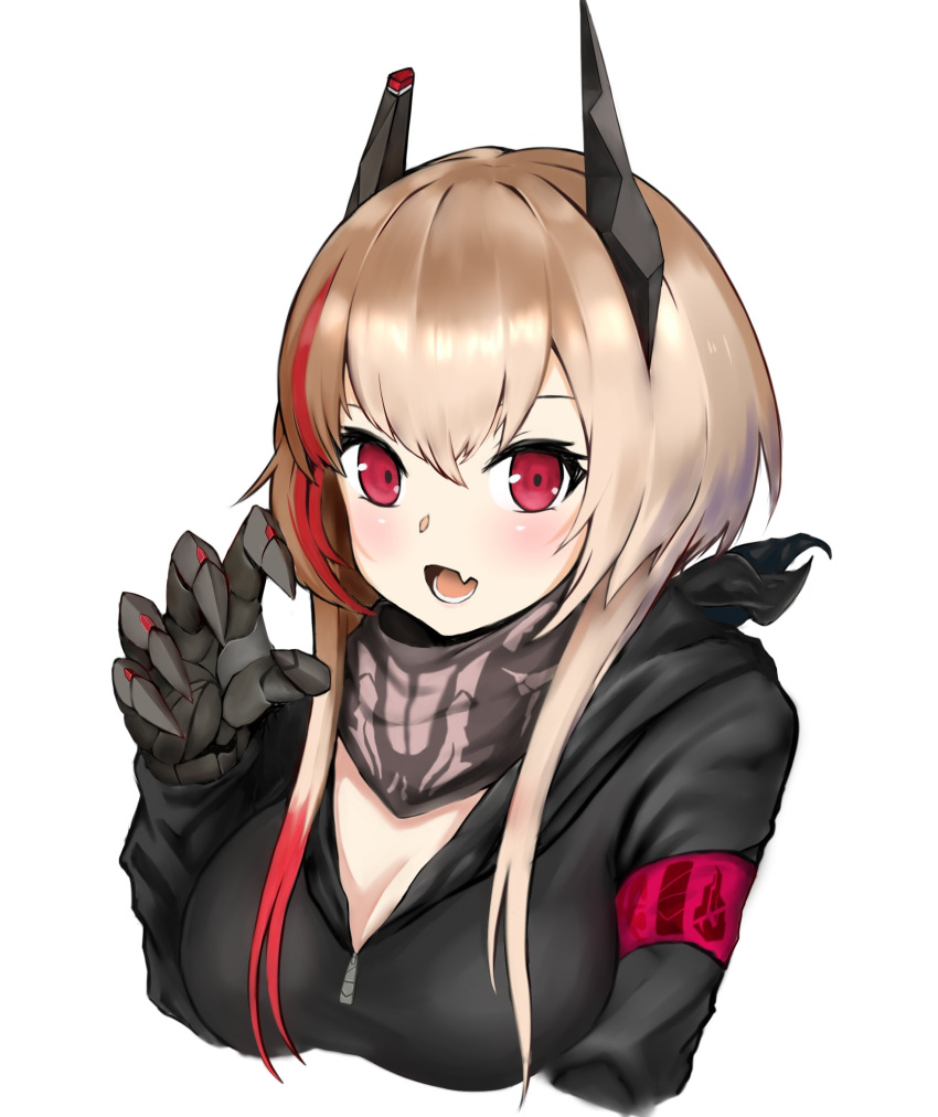 1girl armband bandanna bangs black_jacket blush boxreeema breasts cleavage commentary_request fang girls_frontline hair_between_eyes headgear highres jacket long_hair looking_at_viewer m4_sopmod_ii_(girls_frontline) mechanical_arm medium_breasts multicolored_hair open_mouth pink_hair red_eyes redhead solo streaked_hair upper_body white_background zipper