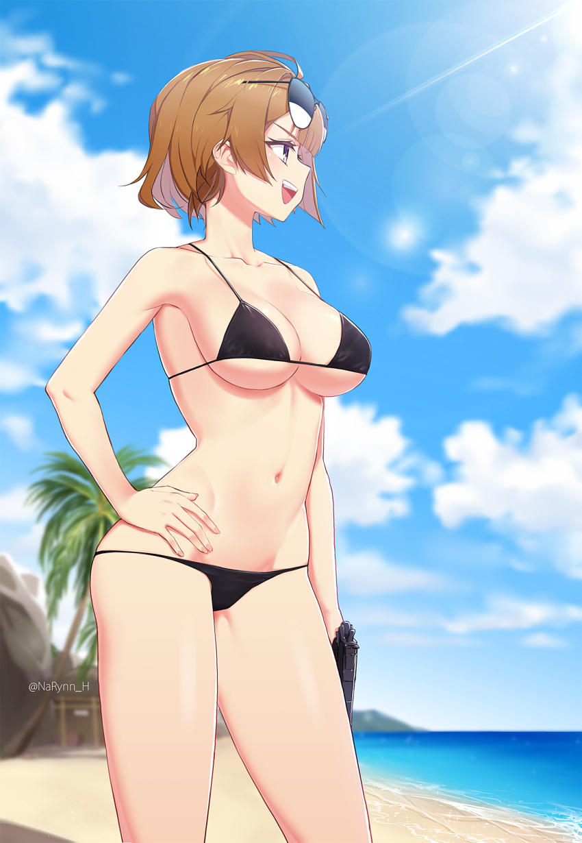 1girl :d bangs bare_arms bare_shoulders beach bikini black_bikini blue_sky blurry blurry_background blush breasts brown_hair cleavage clouds cloudy_sky collarbone contrapposto day depth_of_field eyewear_on_head girls_frontline grizzly_mkv grizzly_mkv_(girls_frontline) groin gun hand_on_hip highres holding holding_gun holding_weapon horizon lens_flare light_rays looking_away medium_breasts narynn navel ocean open_mouth outdoors palm_tree profile short_hair sidelocks sky smile solo standing stomach sunbeam sunglasses sunlight swimsuit tree twitter_username upper_teeth violet_eyes water weapon