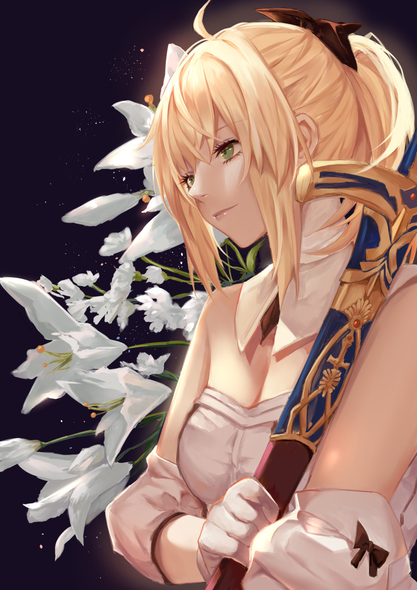 1girl absurdres ahoge artoria_pendragon_(all) bangs bare_shoulders blonde_hair blush bow breasts caliburn coffeedog detached_collar detached_sleeves dress fate/stay_night fate/unlimited_codes fate_(series) flower gloves green_eyes hair_bow hair_ribbon highres holding holding_sword holding_weapon lily_(flower) long_hair medium_breasts ponytail ribbon saber saber_lily sheath sheathed smile solo sword weapon white_dress white_gloves