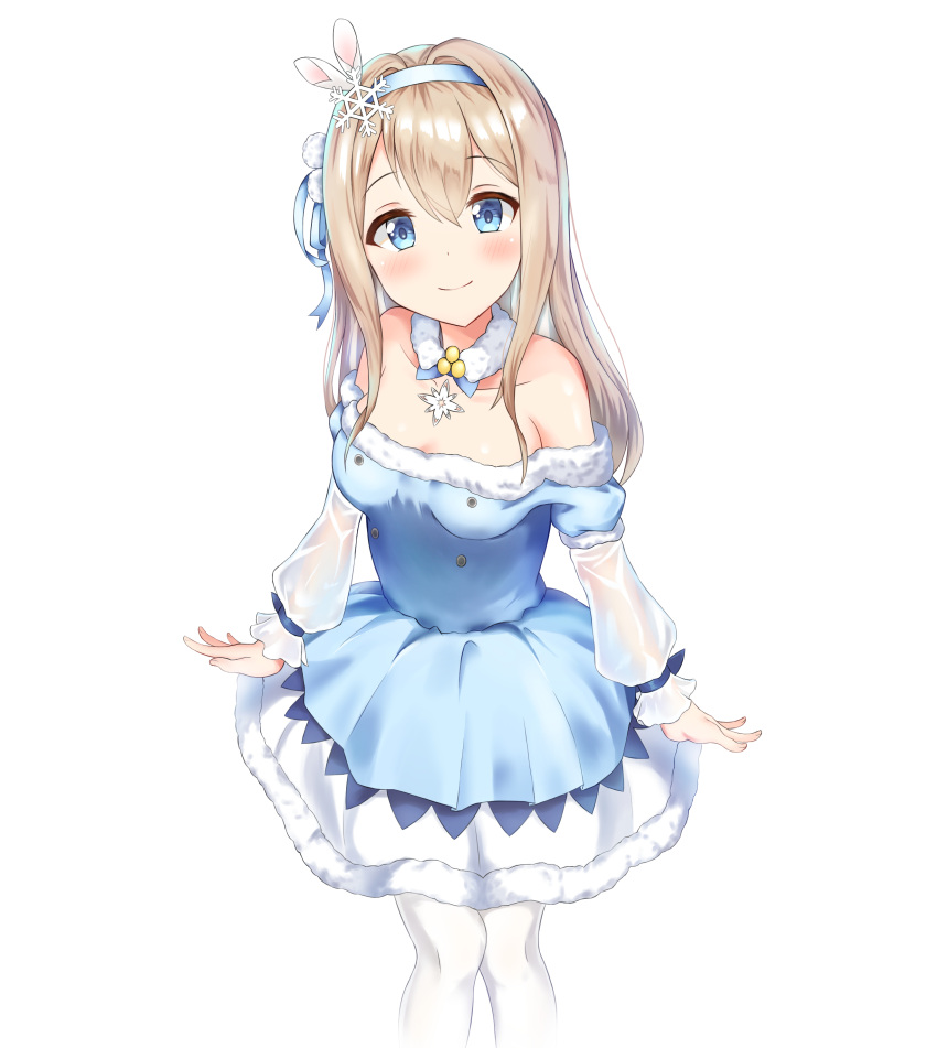 1girl absurdres angdo_(kakajo26) bangs bare_shoulders blue_dress blue_eyes blue_hairband blue_ribbon blush breasts brown_hair bunny_hair_ornament closed_mouth collarbone detached_collar dress eyebrows_visible_through_hair feet_out_of_frame girls_frontline hair_between_eyes hair_intakes hair_ornament hair_ribbon hairband highres long_hair long_sleeves looking_at_viewer medium_breasts off-shoulder_dress off_shoulder pom_pom_(clothes) ribbon sidelocks simple_background smile snowflake_hair_ornament solo suomi_kp31_(girls_frontline) white_background white_legwear