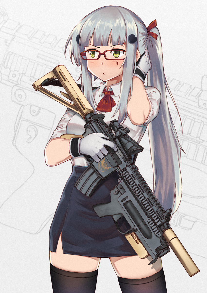 1girl assault_rifle bangs black_legwear blue_skirt blunt_bangs blush breasts casual collared_shirt eyebrows_visible_through_hair facial_mark girls_frontline glasses gloves green_eyes gun h&amp;k_hk416 hair_ornament hair_ribbon heckler_&amp;_koch high-waist_skirt highres hk416_(girls_frontline) holding holding_gun holding_weapon long_hair looking_away medium_breasts open_mouth persocon93 ponytail red-framed_eyewear red_neckwear ribbon rifle shirt silver_hair skindentation skirt sleeves_rolled_up solo teardrop thigh-highs very_long_hair weapon white_shirt