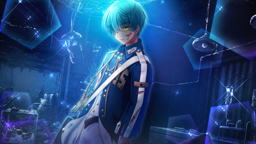 1boy aiguillette aqua_hair bleeding blood blood_on_face bruise constricted_pupils empty_eyes game_cg hair_over_one_eye injury looking_at_viewer male_focus military military_uniform moonlight official_art one_eye_covered ruins scratches senjuushi:_the_thousand_noble_musketeers shirt short_hair solo springfield_(senjuushi) torn_clothes torn_shirt uniform yellow_eyes