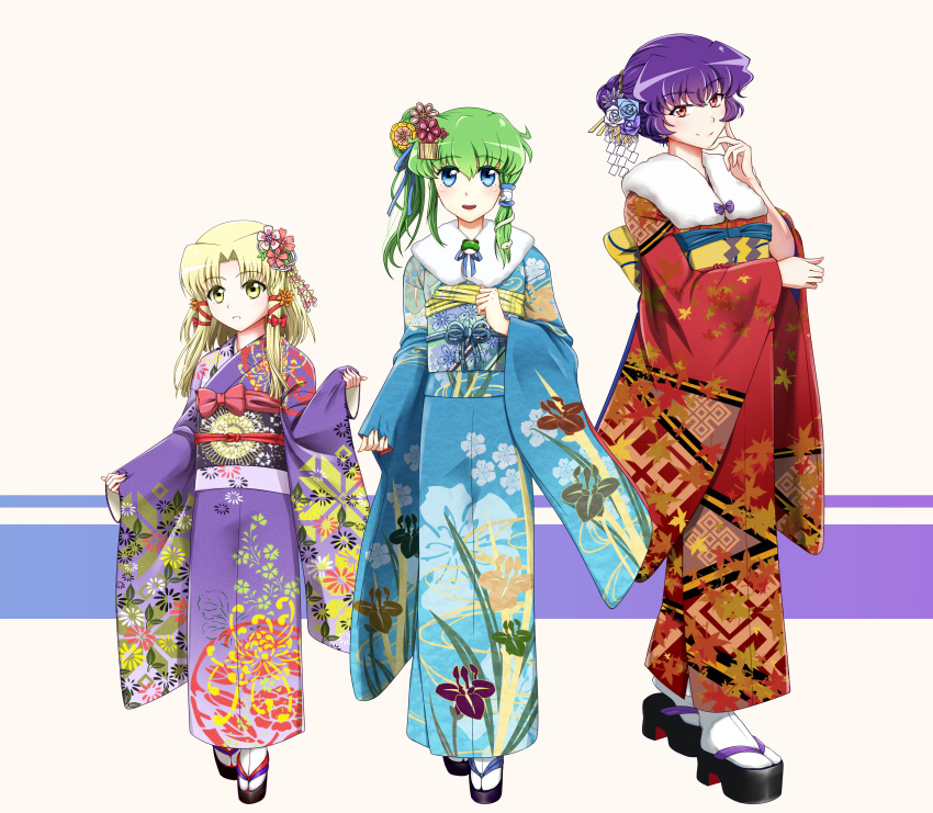 1girl absurdres alternate_hairstyle blonde_hair blue_eyes blue_kimono commentary_request floral_print flower fur-trimmed_kimono fur_trim green_hair hair_bun hair_flower hair_ornament hair_ribbon hair_tubes hair_up highres japanese_clothes kimono kin-kun kochiya_sanae leaf_print light_blush looking_at_viewer medium_hair moriya_suwako platform_footwear print_kimono purple_hair purple_kimono red_eyes red_kimono red_ribbon ribbon sandals short_hair side_bun side_ponytail sleeves_past_wrists smile solo striped striped_background tabi touhou tress_ribbon white_background white_legwear wide_sleeves yasaka_kanako yellow_eyes