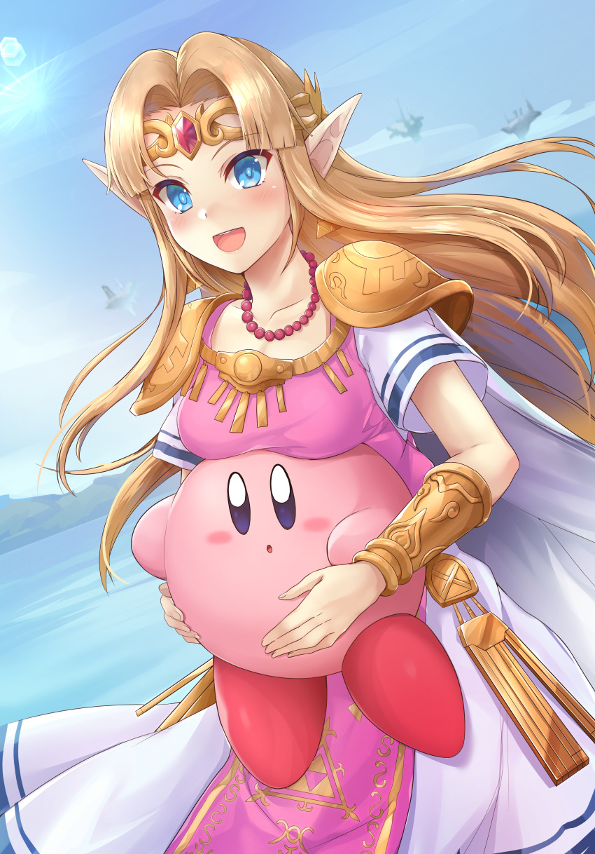 1girl absurdres blonde_hair blue_eyes blue_sky blush breast_rest breasts cape commentary_request dress earrings floating_island hal_laboratory_inc. highres holding hoshi_no_kirby jewelry kirby kirby_(series) long_hair medium_breasts necklace nintendo open_mouth pearl_necklace pointy_ears princess_zelda samoore short_sleeves sky sora_(company) straight_hair super_smash_bros. super_smash_bros._ultimate the_legend_of_zelda the_legend_of_zelda:_a_link_between_worlds tiara triforce tunic vambraces white_dress